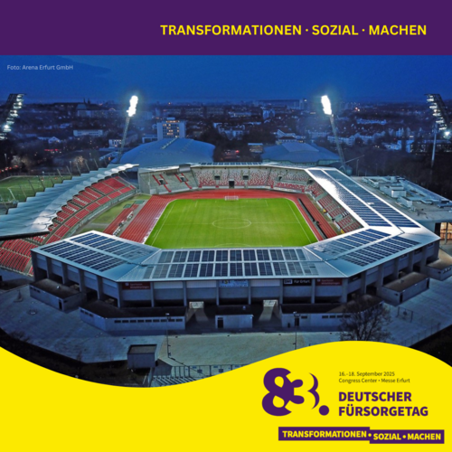Grafik im DFT-Design mit einer Luftaufnahme des Erfurter Stadions bei Nacht. – 
